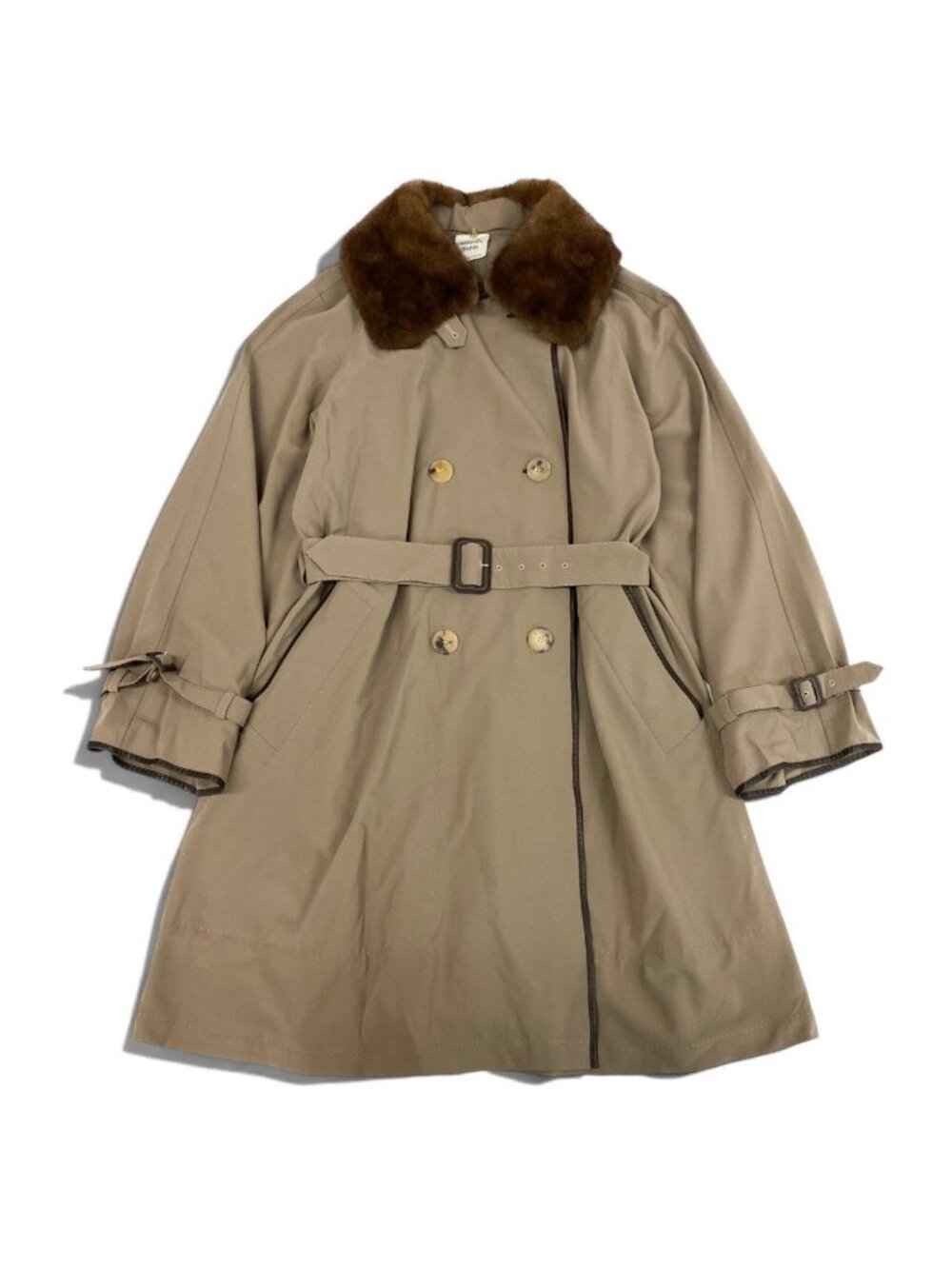 Hermes Mink Collar Leather Trimming Belted Coat Trench Khaki 38